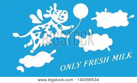 Vector illustration of a cute good cow flying among clouds. Template for banner advertising or logo for dairy store dairy company or as element of packaging for dairy products.