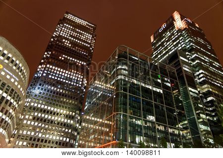 LONDON UK - JULY 1 2014: Canary Wharf located in West India Docks on Isle of Dogs once formed part of the busiest port in world. Now it is a major business district (1300000 sqm) in London.