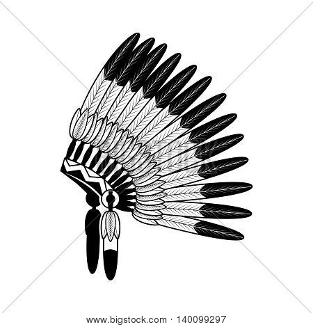 American Indian feathers war bonnet isolated on white. Vector illustration