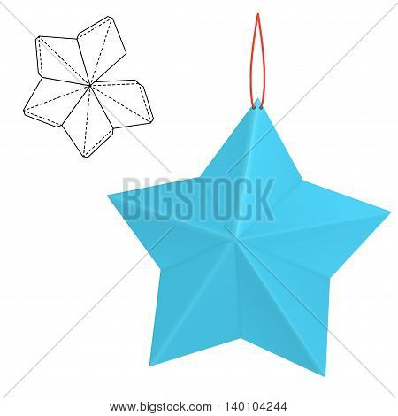 Vector Illustration of hand made craft Christmas decoration for Design, Website, Background, Banner. Toy New Year Template. Paper star gift box with die line for your brand on it