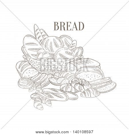 Different Bread Still Life Hand Drawn Realistic Detailed Sketch In Classy Simple Pencil Style On White Background