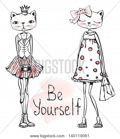Romantic fashion kitty girls hipster with photo camera and bag
