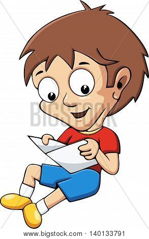 A boy reads a book. Cartoon illustration, isolated object.