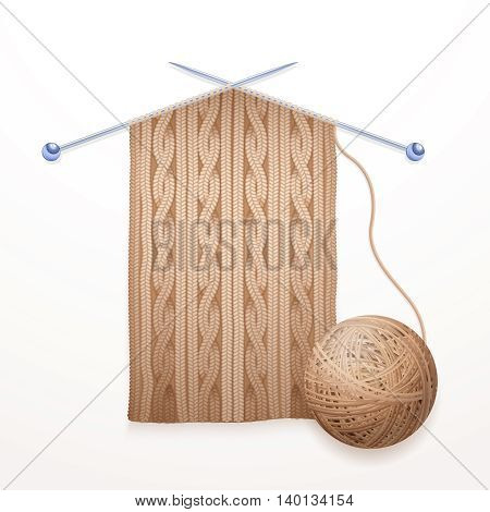 Two single pointed needles with modern cable scarf knitting and beige yarn ball composition abstract flat vector illustration
