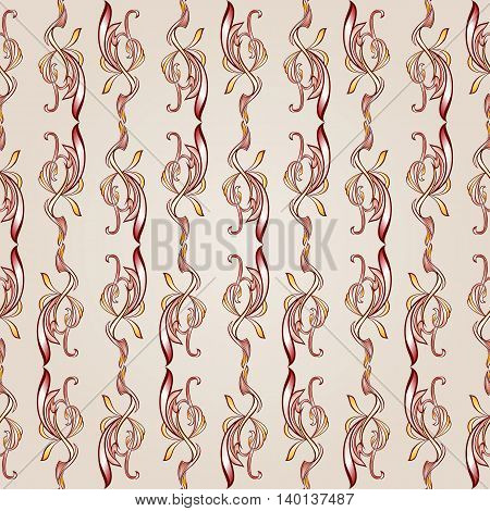 Seamless pattern with floral elements in burgundy pink and yellow shades on pastel rose pink background