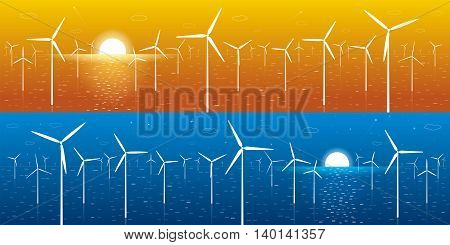 Ecology panorama, windmills, turbines at sea, wind force, energy illustration, day and night, vector design art
