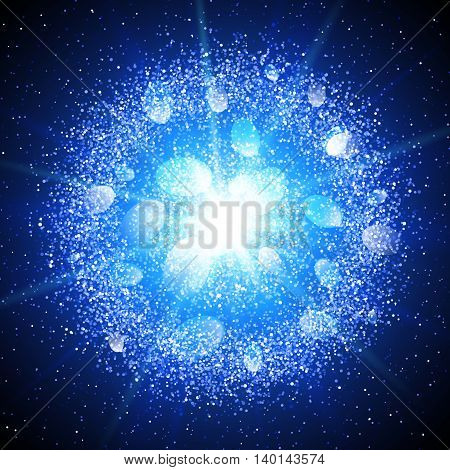 Abstract blue explosion with glittering elements. Burst of glowing star. Dust firework light effect. Sparkles splash powder background. Vector illustration.