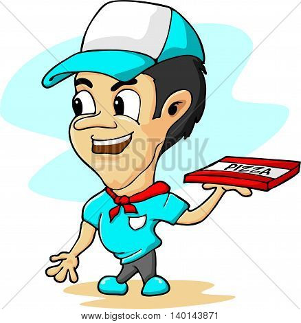Stylised cartoon pizza delivery man. Isolated on white