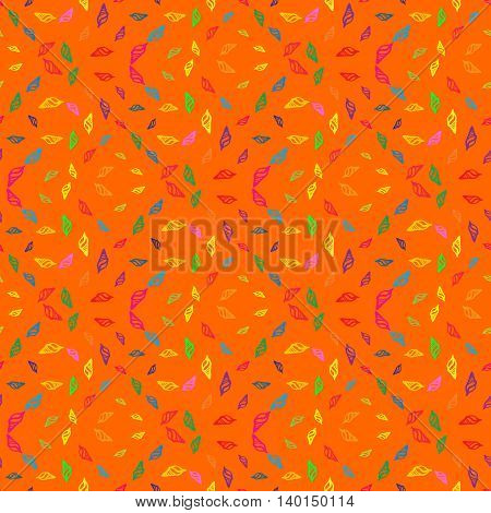 Doodles seashells background seamless pattern on orange background