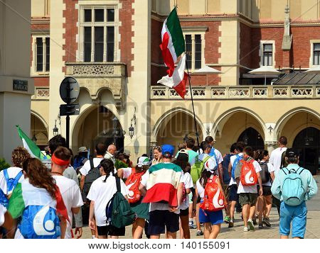 KRAKOW POLAND - JUL 27 2016: World youth day 2016.International Catholic youth Convention. Young people on Main Square in Krakow.