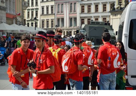 KRAKOW POLAND - JUL 27 2016: World youth day 2016.International Catholic youth Convention. Young people on Main Square in Krakow.