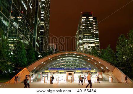 LONDON UK - JULY 1 2014: Canary Wharf station entrance at night. Canary Wharf is a major business district (1300000 sqm) in London.