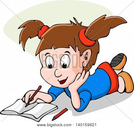 Illustration of a young sweet girl child happily reading a book