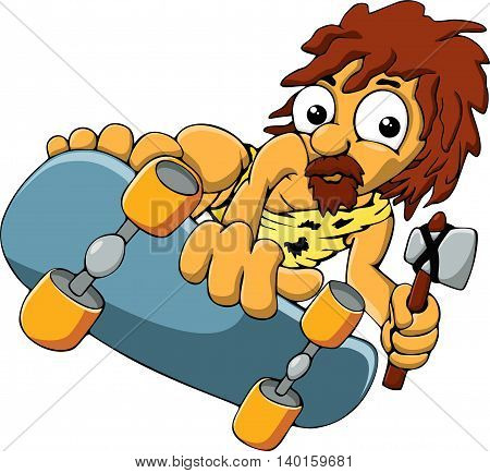 cave man rides skateboard. Vector illustration cartoon person isolated on white background