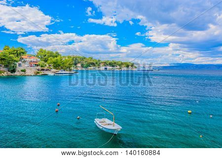 Seascape waterfront view at Island of Solta, Rogac mediterranean town in summertime.