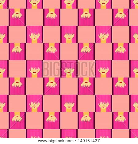 Colorful stylized girl with face covered long bangs. Noface woman seamless pattern.