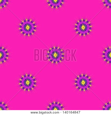 Abstract seamless pattern with bright multibeam fractal mandala on a pink background