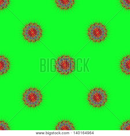 Abstract seamless pattern with bright multibeam fractal mandala on a light green background