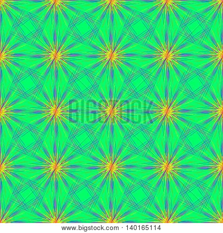 Abstract seamless pattern with multibeam furry fractal star on a turquoise cyan background.