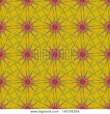 Abstract seamless pattern with multibeam furry fractal star on a dark yellow background.