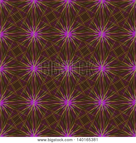 Abstract seamless pattern with multibeam furry fractal star on a dark brown background.