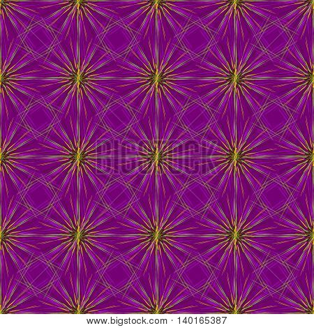 Abstract seamless pattern with multibeam furry fractal star on a dark violet background.