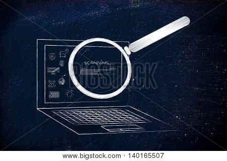laptop being analyzed by magnifying glass for viruses or other threats with progress bar concept of antivirus system scan