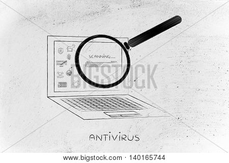 laptop being analyzed by magnifying glass for viruses or other threats with progress bar concept of antivirus system scan