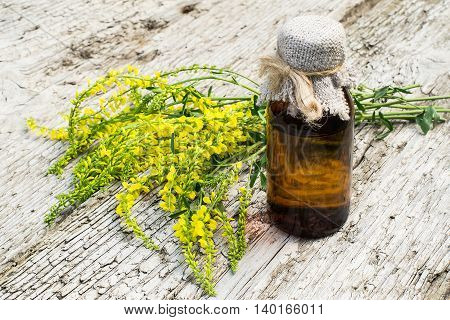 Melilotus officinalis known as yellow sweet clover yellow melilot ribbed melilot common melilot and pharmaceutical bottle on old wooden table. Used in herbal medicine as well as pasture or livestock feed is a major source of nectar