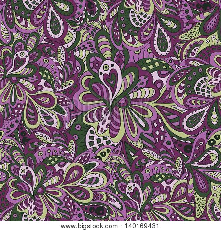 Doodle floral seamless pattern violet and green tones