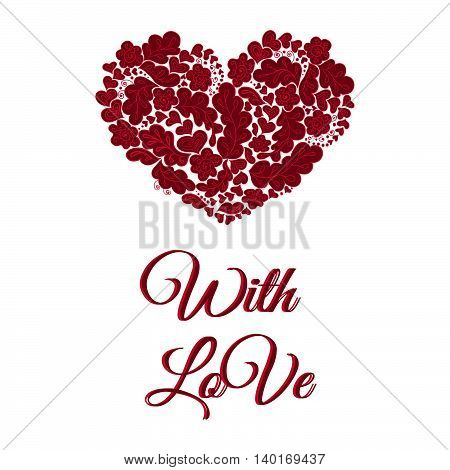 Floral doodle card. White and vinous heart. With love