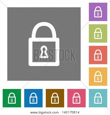 Locked padlock flat icon set on color square background.