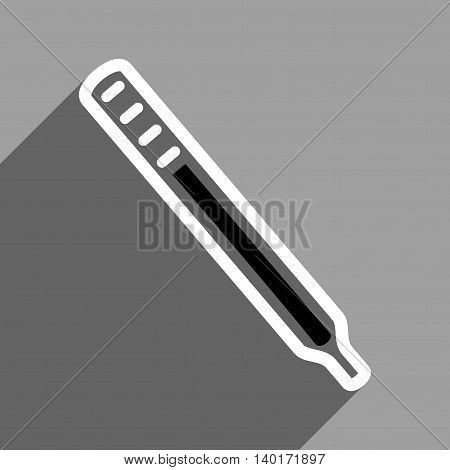 Medical Thermometer long shadow vector icon. Style is a flat medical thermometer black and white iconic symbol on a gray square background.