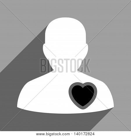Patient Heart long shadow vector icon. Style is a flat patient heart black and white iconic symbol on a gray square background.