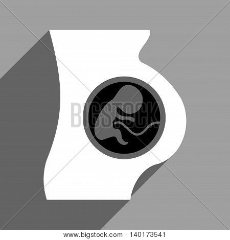 Pregnant Woman Anatomy long shadow vector icon. Style is a flat pregnant woman anatomy black and white iconic symbol on a gray square background.