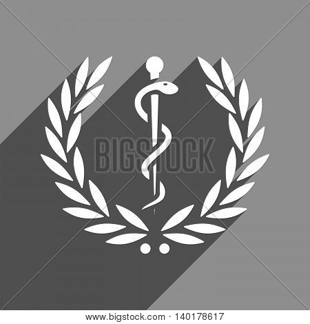 Healh Care Laurel Wreath long shadow vector icon. Style is a flat healh care laurel wreath white iconic symbol on a gray square background.