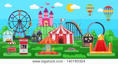 Amusement park panorama with circus tent extreme attractions inflatable slides on summer natural landscape background vector illustration