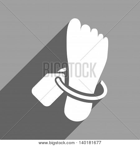 Mortuary Foot Tag long shadow vector icon. Style is a flat mortuary foot tag white iconic symbol on a gray square background.
