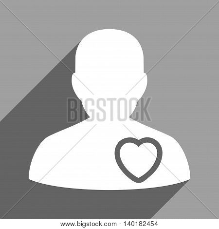 Patient Heart long shadow vector icon. Style is a flat patient heart white iconic symbol on a gray square background.