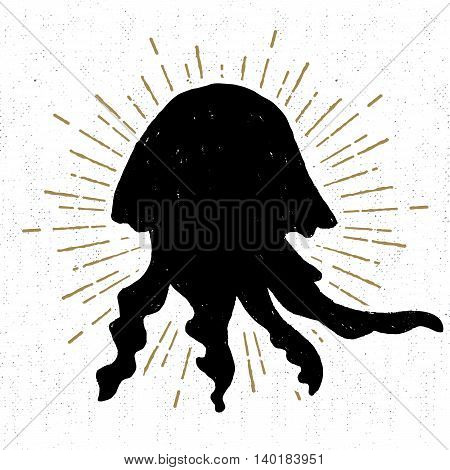 Hand drawn vintage icon with a textured jellyfish vector illustration.