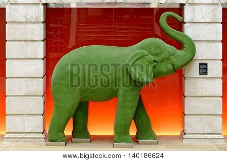LONDON UK - JULY 1 2014: Parvati the Elephant at the Apex Temple Court Hotel in London. It was created by the sculptor Chris Groombridge for the Jungle City Project.