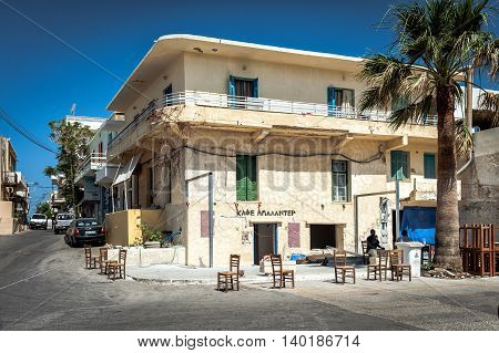 PALEOCHORA, CRETE, GREECE - JUNE 2016: Traditional Greek tavern, located in typical Greek house in Paleochora town on Crete island