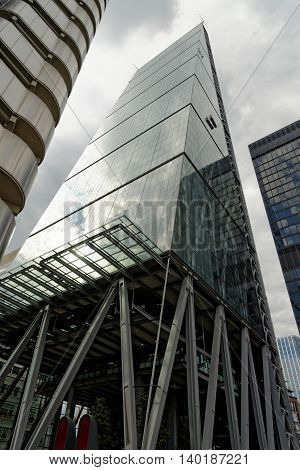 LONDON UK - JULY 1 2014: The famous office building - The Cheesegrater (Leadenhall Building) in the City of London one of the leading centers of global finance.