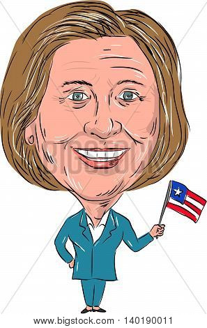 July 27, 2016: Caricature illustration of Democrat president candidate Hillary Clinton waving a US flag facing front on isolated background.