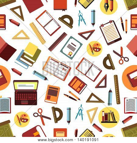 School and office supplies seamless pattern on white background with flat pens, pencils, rulers, books, laptops, diaries, clipboards, art palettes with paintbrushes, scissors, compasses and diplomas