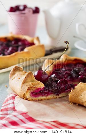 Gallet with cherries and bitter chocolate. Selective focus.
