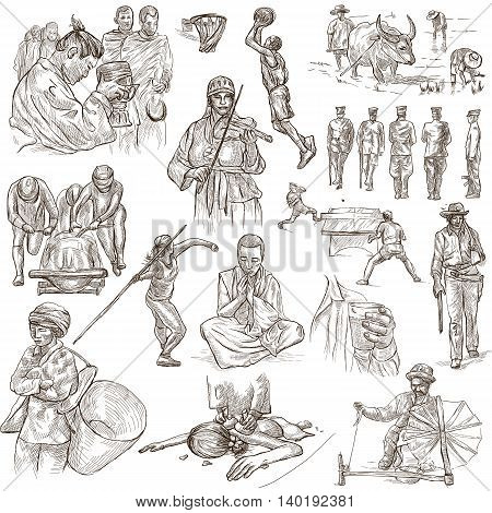 PEOPLE.Human race around the World. Nations. Group of people. Collection of hand drawn illustrations. Pack of full sized hand drawings. Set of freehand sketches. Line art technique. White background.