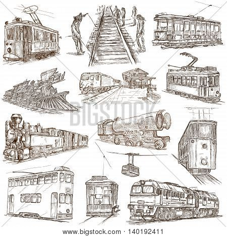 On rails. Train and tram.Transport. Collection of an hand drawing illustrations. Pack of full sized hand drawn illustrations. Set of freehand sketches. Line art technique. Drawing on white background.