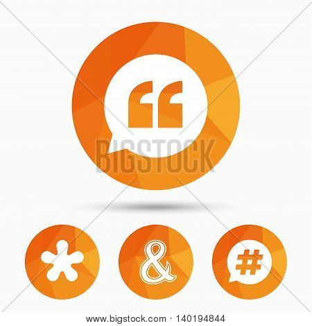 Quote, asterisk footnote icons. Hashtag social media and ampersand symbols. Programming logical operator AND sign. Speech bubble. Triangular low poly buttons with shadow. Vector
