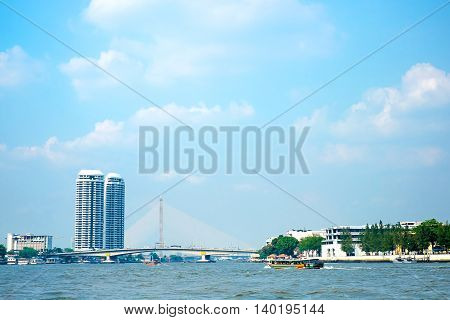 Landscape Of Chao Phar Ya River With City Building View ,bangkok Thailand